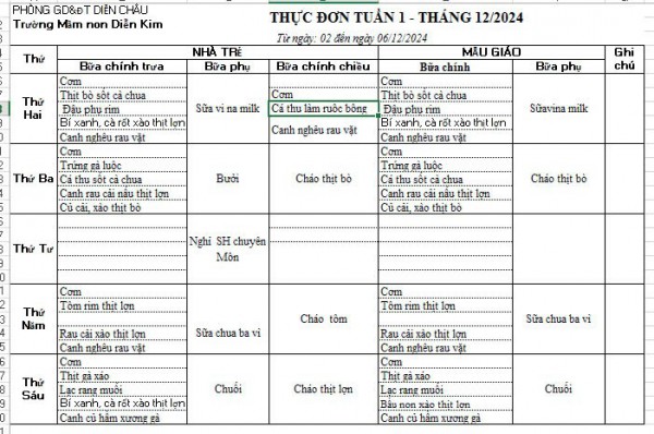 THỰC ĐƠN TUẦN THÁNG 12 NĂM 2024